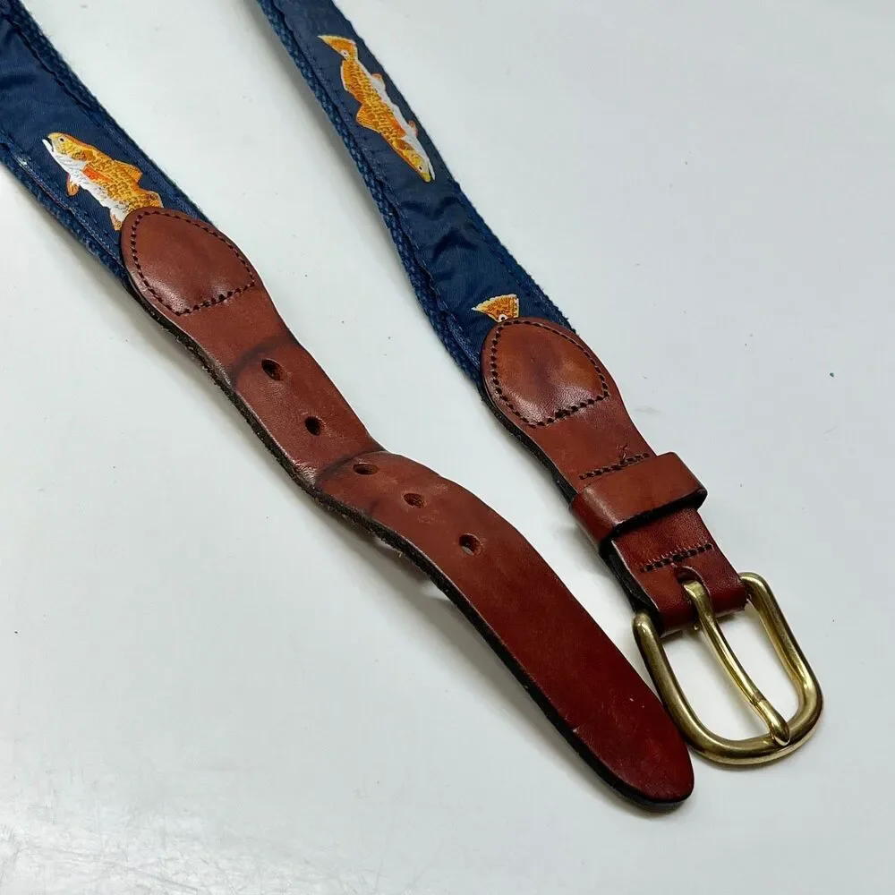 Vtg Leather Man Ltd Mens Trout Redfish Blue Ribbon Brown Leather Belt Size 36 M